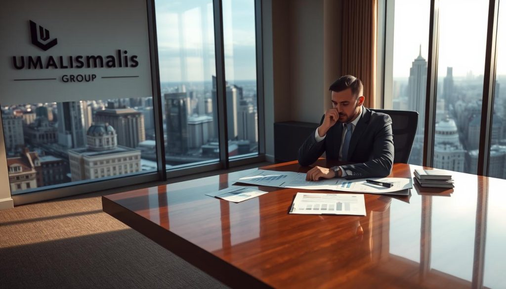 A sleek, modern office interior with large windows overlooking a bustling city skyline. In the foreground, a well-dressed professional sits at a polished wooden desk, deep in thought, surrounded by charts, graphs, and financial documents. The walls are adorned with the Umalis Group logo, conveying a sense of authority and expertise. Soft, directional lighting illuminates the scene, creating a thoughtful, contemplative atmosphere. The overall impression is one of strategic planning and deliberation around maximizing one's earning potential in the French job market.