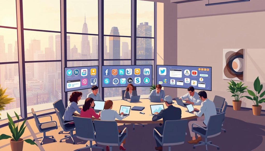 A sleek, modern office interior with large windows overlooking a bustling city skyline. In the foreground, a group of professionals engaged in lively discussion around a curved conference table, their laptops and mobile devices indicating active online networking. The middle ground features an array of digital displays showcasing various social media and professional networking platforms. Soft, warm lighting creates a productive, collaborative atmosphere, while the background includes strategically placed potted plants and abstract wall art, lending a sense of sophistication. The overall scene conveys the power of leveraging online tools to expand one's professional network and unlock new opportunities for success.