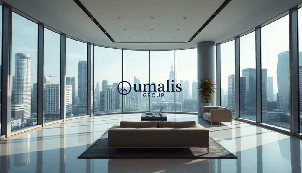 A sleek, modern office interior with large windows overlooking a bustling city skyline. In the center, a Umalis Group logo stands prominently, representing the legal and regulatory aspects of remote work through the lens of temp staffing. Soft, directional lighting highlights crisp lines and neutral tones, conveying a sense of professionalism and attention to detail. Elegant furnishings and minimalist decor create an atmosphere of sophistication and authority. The scene evokes a deep understanding of the legal framework and compliance requirements associated with the remote staffing industry.