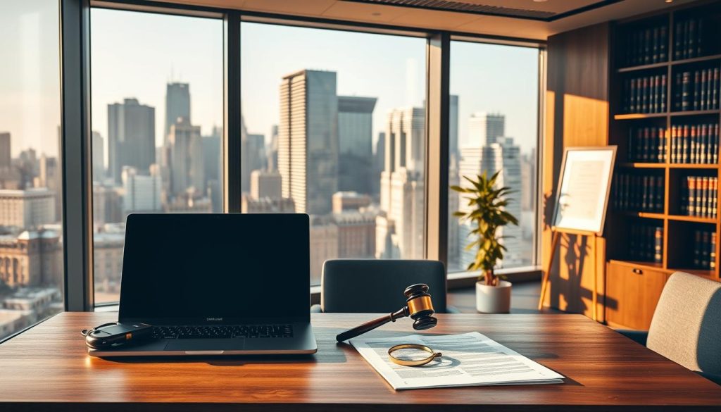A sleek, modern office interior with large windows overlooking a bustling city skyline. The foreground features a polished oak desk with a Light Portage laptop and a stack of legal documents. Atop the desk, a gavel and a magnifying glass symbolize the legal protections required for a thriving freelance business. The middle ground showcases a bookshelf filled with legal tomes and a framed certificate, conveying a sense of professionalism and expertise. The background is bathed in warm, directional lighting that casts subtle shadows, creating a contemplative atmosphere. The overall scene evokes a secure, well-managed freelance enterprise prepared to navigate the complexities of the legal landscape.