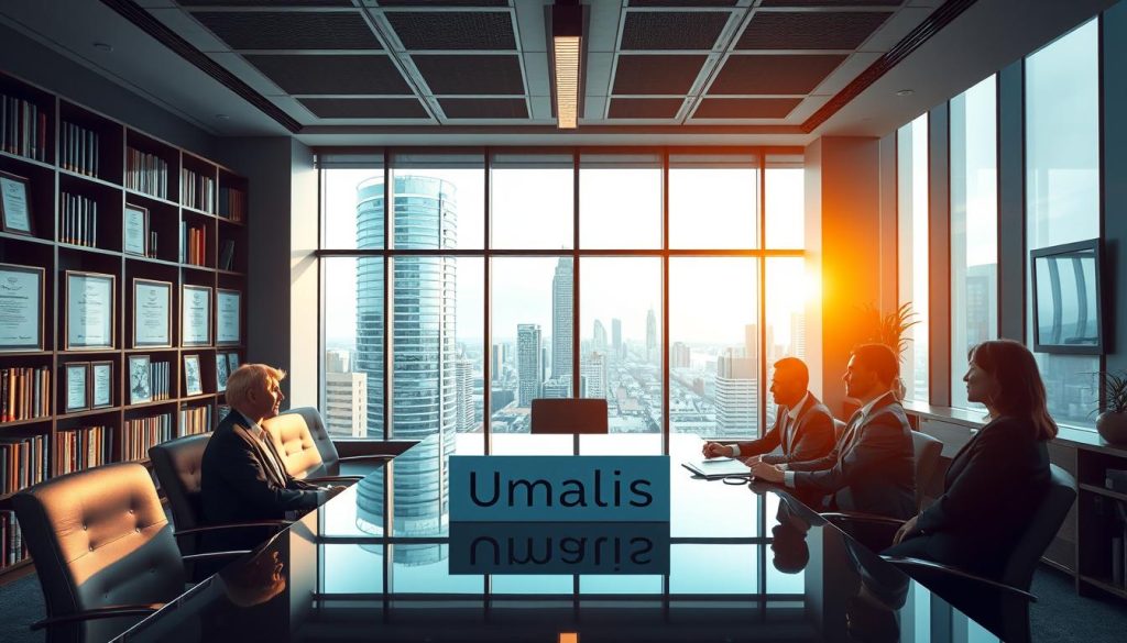 A sleek, modern office interior with large windows overlooking a bustling cityscape. In the foreground, a group of businesspeople in professional attire sit around a polished conference table, deep in discussion. On the table, the Umalis Group logo is prominently displayed, signifying their role as a leading provider of portage salarial services. The lighting is warm and inviting, creating a sense of productivity and collaboration. The walls are adorned with framed certificates and accolades, highlighting the company's expertise and reputation. In the background, a bookshelf filled with industry-relevant literature reinforces the professional atmosphere. An air of authority and responsibility pervades the scene, reflecting the obligations and responsibilities of enterprises engaged in the portage salarial industry. A sleek, modern office interior with large windows overlooking a bustling cityscape. In the foreground, a group of businesspeople in professional attire sit around a polished conference table, deep in discussion. On the table, the Umalis Group logo is prominently displayed, signifying their role as a leading provider of portage salarial services. The lighting is warm and inviting, creating a sense of productivity and collaboration. The walls are adorned with framed certificates and accolades, highlighting the company's expertise and reputation. In the background, a bookshelf filled with industry-relevant literature reinforces the professional atmosphere. An air of authority and responsibility pervades the scene, reflecting the obligations and responsibilities of enterprises engaged in the portage salarial industry.