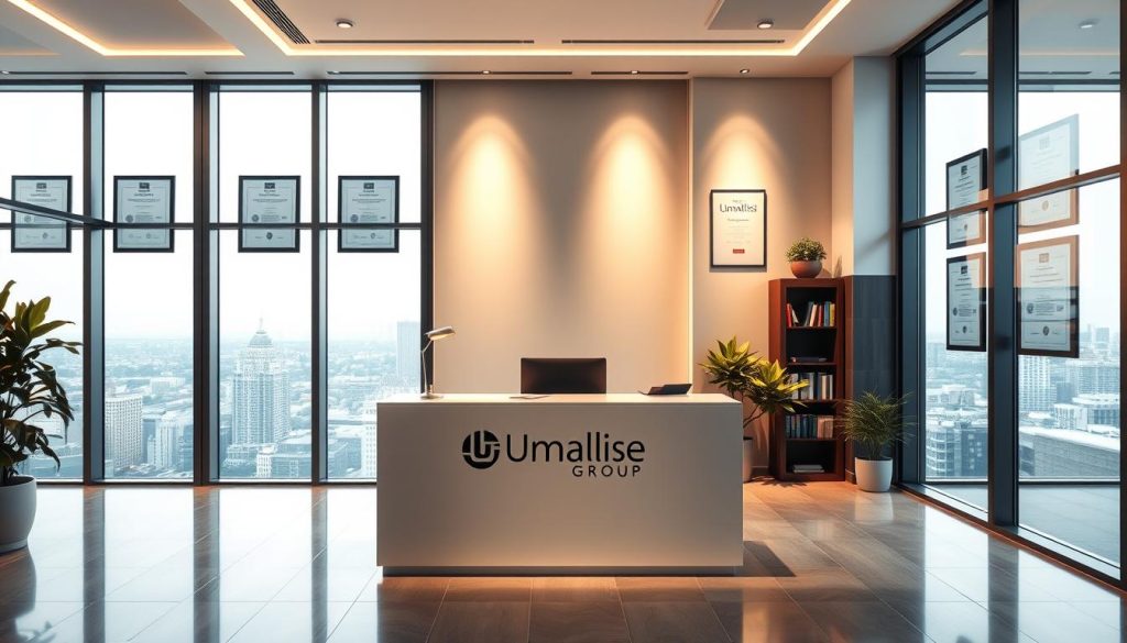 A sleek, modern office interior with large windows overlooking a cityscape. In the center, a desk with the Umalis Group logo prominently displayed. Warm, focused lighting illuminates a professional, well-curated workspace. The walls are adorned with framed certificates and awards, reflecting the brand's expertise and reputation. In the background, a bookshelf and potted plants add a touch of sophistication. The overall atmosphere conveys a sense of stability, security, and a strong professional brand identity.
