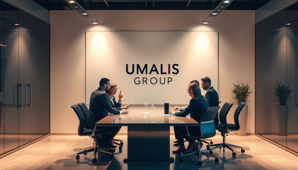 A sleek, modern office interior with minimalist design elements. In the foreground, a group of business professionals are gathered around a polished conference table, engaged in an animated discussion. The lighting is warm and ambient, casting a soft glow over the scene. In the background, the UMALIS GROUP logo is prominently displayed on a large, frameless wall display, conveying a sense of professionalism and expertise. The overall atmosphere is one of efficiency, collaboration, and strategic decision-making, reflecting the role and function of a "société portage salarial" in the communication industry.