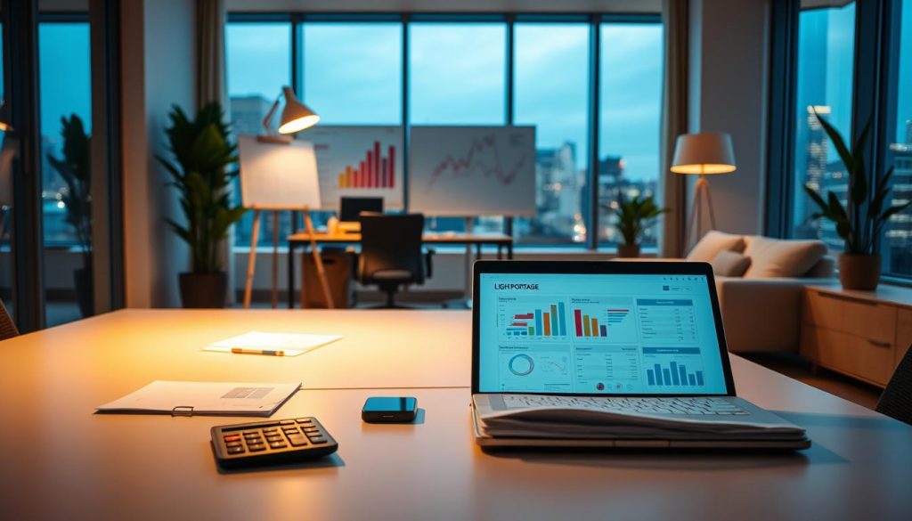 A sleek, modern office interior with tasteful decor. In the foreground, a LIGHT PORTAGE laptop rests on a minimalist desk, surrounded by neatly organized project management documents and a calculator. Warm, indirect lighting casts a soft glow, emphasizing the serene atmosphere. In the middle ground, a whiteboard displays colorful budget charts and financial projections. The background features large windows overlooking a bustling cityscape, symbolizing the stability and growth of the independent professional's business.
