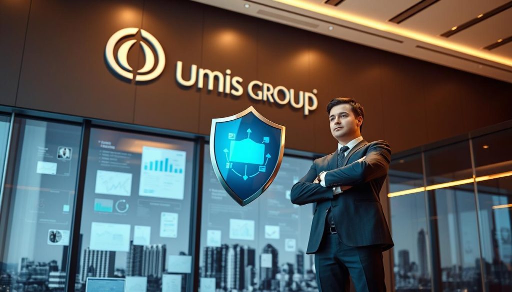 A sleek, modern office interior with the Umalis Group logo prominently displayed on the wall. In the foreground, a business executive stands confidently, shielding their company's financial interests with a sturdy, transparent shield. The middle ground showcases an array of financial documents and digital interfaces, symbolizing the importance of robust financial protection. The background features a cityscape, hinting at the broader business landscape. The lighting is warm and inviting, creating a sense of security and professionalism. The overall atmosphere conveys the power of financial safeguards in ensuring the success and longevity of an enterprise.