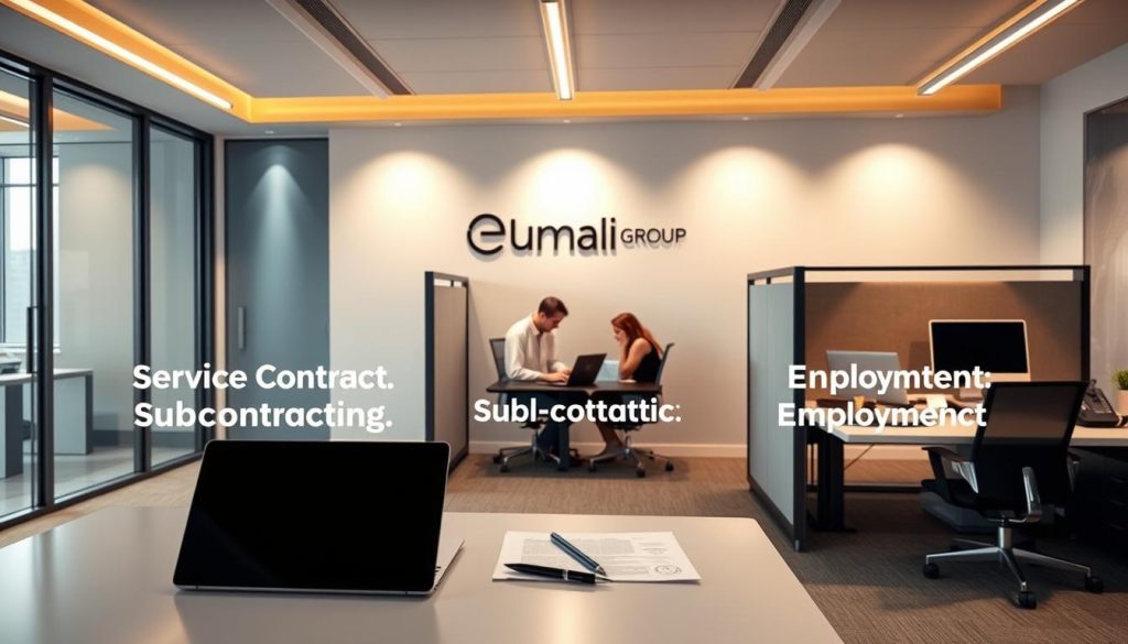 A sleek, modern office interior with three distinct workspaces representing the differences between a service contract, subcontracting, and an employment contract. In the foreground, a sophisticated desk setup with a laptop, stylus, and documents symbolizes the service contract. In the middle, a more casual collaborative space with a laptop and tablet represents subcontracting. In the background, a traditional cubicle setup with a desktop computer and phone conveys the employment contract. Warm, directional lighting from overhead and large windows creates a professional, well-lit atmosphere. The Umalis Group logo is prominently displayed on the wall.