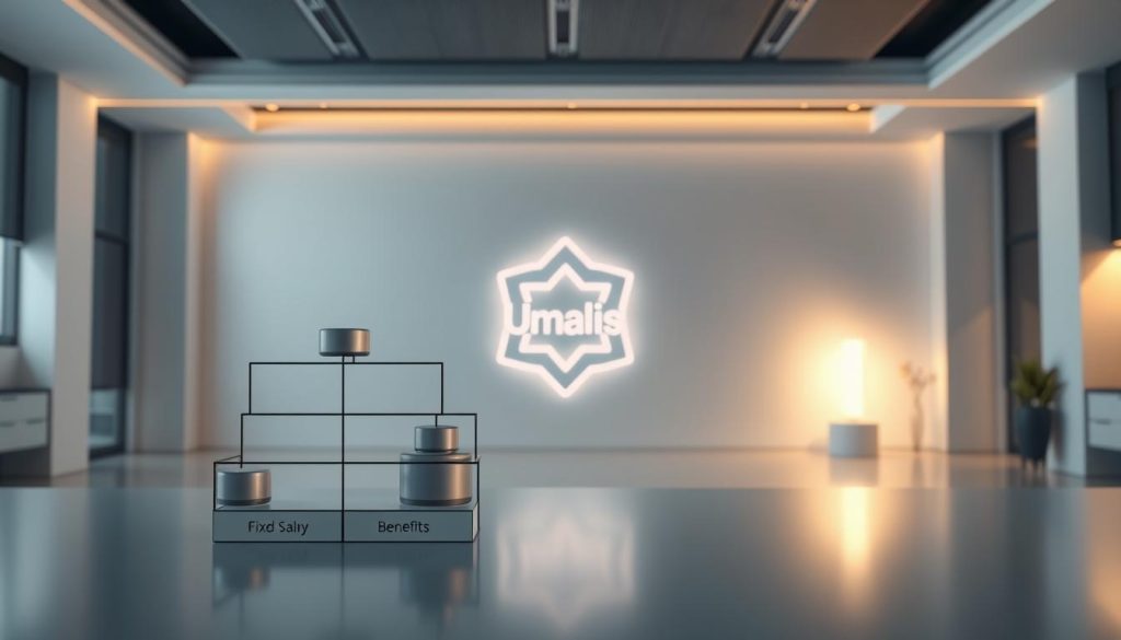 A sleek, modern office scene depicting the key components of a corporate compensation package. In the foreground, a stylized visual representation of a compensation structure, including fixed salary, bonuses, benefits, and equity, all arranged harmoniously. In the middle ground, an abstract geometric pattern symbolizing the Umalis Group brand, casting a soft, warm glow. The background features a minimalist, tech-inspired setting with clean lines, muted colors, and subtle lighting, creating a professional, aspirational atmosphere.