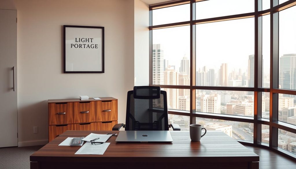 A sleek, modern office scene with a large window overlooking a bustling cityscape. In the foreground, a wooden desk hosts a laptop, some documents, and a mug of coffee. Above the desk, a minimalist framed artwork depicts the LIGHT PORTAGE brand logo. In the middle ground, an ergonomic office chair sits in front of the desk, hinting at the comfort and professionalism of the workplace. The background features cityscape views through the large window, bathed in warm, natural lighting. The overall atmosphere conveys a sense of productivity, sophistication, and the balance between salaried employment and independent contracting.