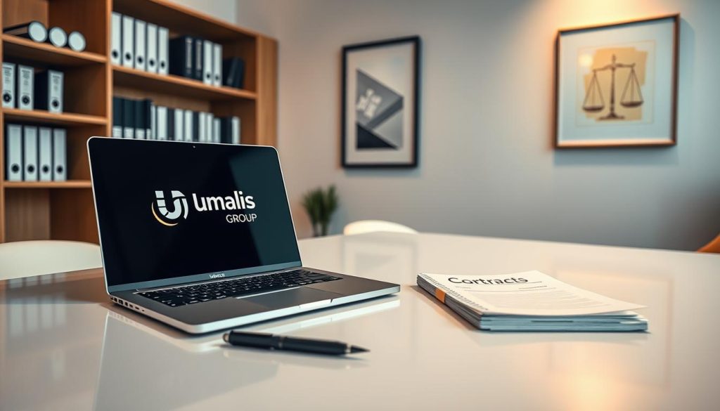 A sleek, modern office scene with a neatly organized desk showcasing the process of drafting a service contract. On the desk, a laptop displays the "Umalis Group" logo, alongside a pen, legal notepad, and a stack of papers. Warm, directional lighting illuminates the scene, creating a professional and focused atmosphere. In the background, a bookshelf filled with legal reference materials and a minimalist wall art piece complement the minimalist, yet elegant aesthetic. The overall composition emphasizes the importance of carefully crafting a comprehensive service contract.