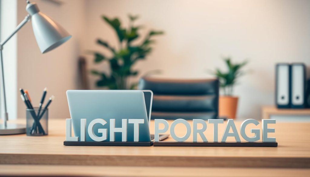 A sleek, modern office scene with a professional setting. In the foreground, a stylish desk with a laptop, a pen holder, and a minimalist lamp. On the desk, the prominent text "LIGHT PORTAGE" stands out, showcasing the brand. The middle ground features a comfortable office chair and a potted plant, creating a balanced and inviting atmosphere. The background blurs into a soft, neutral tone, allowing the focus to remain on the desk and the branding. The lighting is soft and indirect, casting a warm glow and creating a sense of professionalism and efficiency. The overall image conveys the challenges and limitations of freelance work, with the LIGHT PORTAGE branding suggesting a solution to the difficulties of managing payroll and administrative tasks.