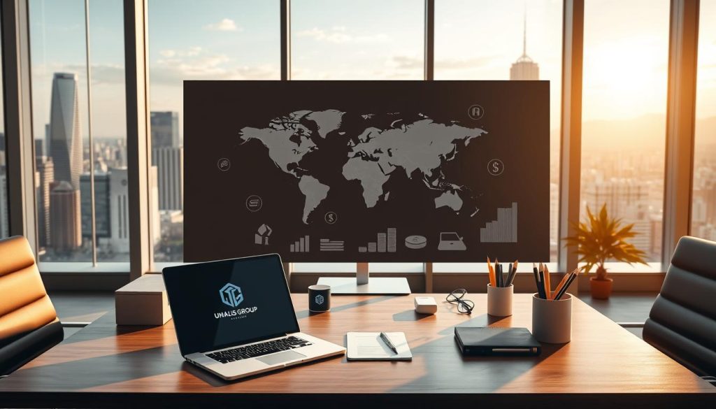 A sleek, modern office scene with an international theme. In the foreground, a desk with a laptop, tablet, and stylish office supplies bearing the UMALIS GROUP logo. The middle ground features a world map, currency symbols, and icons representing global finance and billing operations. The background has floor-to-ceiling windows overlooking a cityscape with skyscrapers and diverse architecture, suggesting an international business hub. Warm, directional lighting casts dynamic shadows, creating a professional, high-tech atmosphere. The overall composition conveys the efficient, secure management of international billing and payroll for global freelancers.