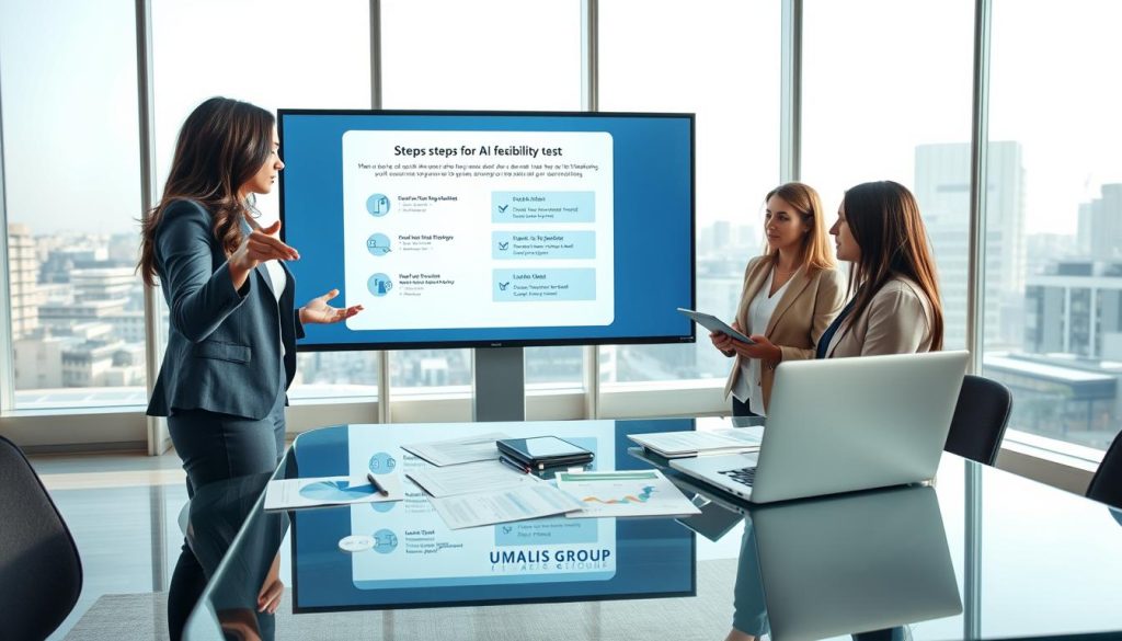 A sleek, modern office setting bathed in soft, natural light, showcasing a diverse group of three professionals analyzing a digital presentation on a large screen depicting steps for an AI feasibility test. In the foreground, a well-dressed woman gestures toward the screen, emphasizing key points, while a man in a suit takes notes, and a woman in smart casual attire examines a tablet. In the middle ground, a sleek glass table holds documents and a laptop displaying charts and data. The background features large windows with a city view, enhancing a collaborative atmosphere. Capture this dynamic and focused environment with a warm color palette and soft shadows, creating an engaging and professional mood. Include the brand name "UMALIS GROUP" in the design elements subtly integrated into the workspace.