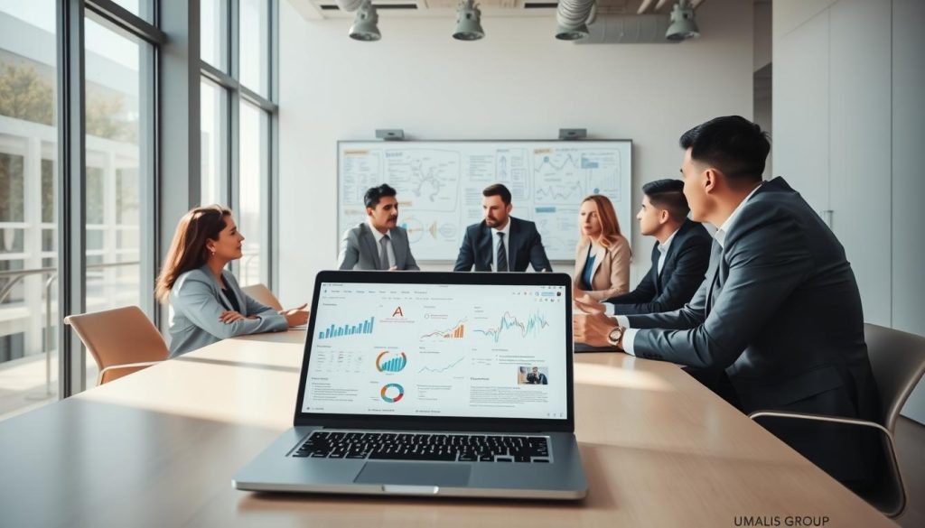 A sleek, modern office setting, featuring a diverse group of professionals in business attire collaborating around a large table. The foreground showcases an open laptop displaying data analytics and AI-related graphics. In the middle ground, we see a whiteboard filled with diagrams and charts illustrating AI solutions tailored for businesses. The background features large windows allowing natural light to flood the room, creating a bright and inspiring atmosphere. The professionals are engaged in discussion, conveying teamwork and innovation. Soft shadows enhance the depth of the scene, while the overall mood is focused and dynamic, reflecting the theme of "AI offer tailored to business needs." Include subtle branding elements of "UMALIS GROUP" in the decor without distracting from the primary focus of the image. A sleek, modern office setting, featuring a diverse group of professionals in business attire collaborating around a large table. The foreground showcases an open laptop displaying data analytics and AI-related graphics. In the middle ground, we see a whiteboard filled with diagrams and charts illustrating AI solutions tailored for businesses. The background features large windows allowing natural light to flood the room, creating a bright and inspiring atmosphere. The professionals are engaged in discussion, conveying teamwork and innovation. Soft shadows enhance the depth of the scene, while the overall mood is focused and dynamic, reflecting the theme of "AI offer tailored to business needs." Include subtle branding elements of "UMALIS GROUP" in the decor without distracting from the primary focus of the image.