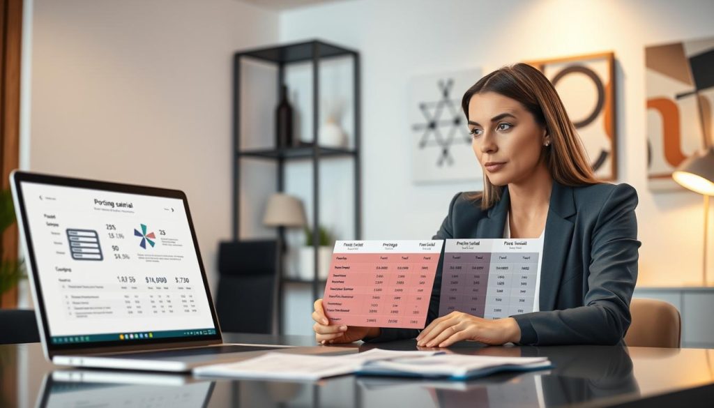 A sleek, modern office setting with a businesswoman sitting at a desk, reviewing pricing options for Umalis Group's "portage salarial" (employee leasing) services. The lighting is soft and warm, creating a professional yet inviting atmosphere. In the foreground, a laptop displays various pricing models and tariff structures, with detailed charts and graphs. In the middle ground, the woman appears focused, her expression contemplative as she evaluates the information. The background features stylish office decor, such as minimalist shelving and abstract wall art, conveying a sense of sophistication and efficiency. The overall scene emphasizes the careful consideration and attention to detail required when pricing "portage salarial" offerings.