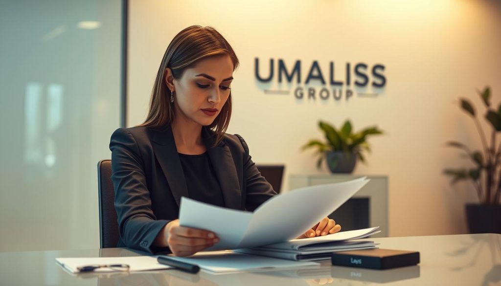 A sleek, modern office setting with a businesswoman sitting at a desk, studying legal documents related to maternity leave. The lighting is soft and warm, highlighting the professionalism and seriousness of the scene. In the background, the UMALIS GROUP logo is prominently displayed, conveying the context of a corporate environment. The woman's expression is one of focused concentration, underscoring the importance of understanding the legal framework surrounding maternity rights for employees. The overall mood is one of diligence and attention to detail, reflecting the careful consideration required when navigating the complexities of maternity leave policies.