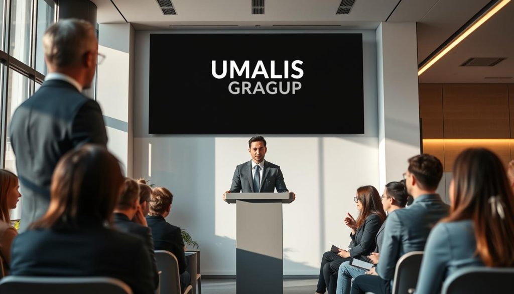 A sleek, modern office setting with a central focus on a man in a suit standing at a podium, presenting information about the salarial portage process to a group of attentive freelancers. The scene is bathed in warm, natural lighting, creating a professional and informative atmosphere. In the background, the UMALIS GROUP logo is prominently displayed, highlighting the company's expertise in salarial portage solutions for freelancers. The overall composition emphasizes the understanding and security that the salarial portage system provides for independent workers.