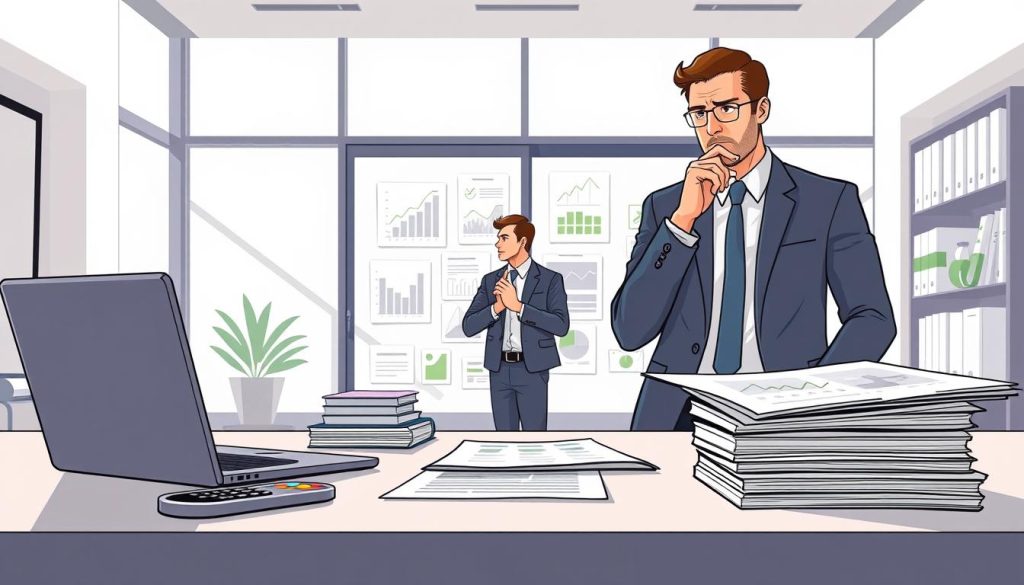 A sleek, modern office setting with a clean, minimalist aesthetic. In the foreground, a well-organized desk with a laptop, a financial calculator, and neatly stacked documents, conveying a sense of control and efficiency. In the middle ground, a person in a suit, deep in thought, surrounded by visual aids like charts and graphs, strategizing debt management solutions. The background features floor-to-ceiling windows, allowing natural light to flood the space and create a serene, calming atmosphere. The overall mood is one of professionalism, determination, and a focus on financial wellness.