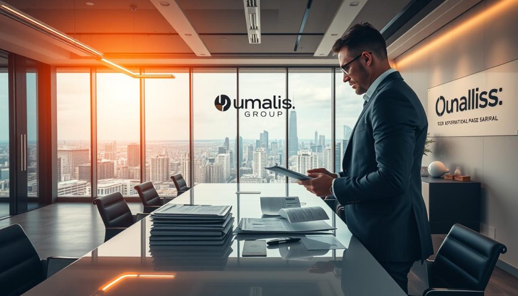 A sleek, modern office setting with a focus on financial data and compensation. In the foreground, a well-dressed professional stands before a stylish conference table, reviewing paperwork and documents related to "rémunération portage salarial". The middle ground features a minimalist, contemporary workspace with gleaming surfaces and ergonomic furniture. In the background, large windows offer a panoramic view of a bustling city skyline, conveying a sense of professionalism and success. Warm, directional lighting from overhead fixtures casts a soft glow, creating an atmosphere of productivity and authority. The Umalis Group logo is prominently displayed on the wall, signifying the brand's expertise in this domain.