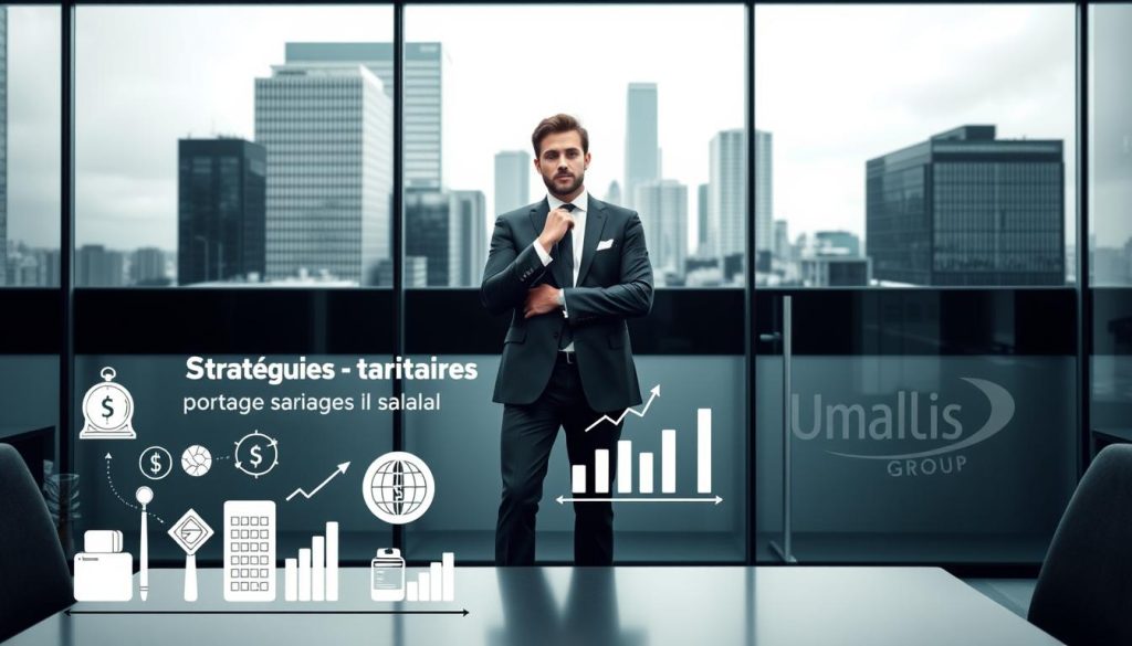 A sleek, modern office setting with a focus on professional business services. The foreground features a stylized illustration of various pricing strategies, icons, and graphs demonstrating the "Stratégies tarifaires portage salarial" (Temp staffing pricing strategies) concept. The middle ground showcases a dynamic, well-dressed professional in a thoughtful pose, representing the "Umalis Group" brand. The background depicts a minimalist, urban landscape with clean lines and contemporary architectural elements, conveying a sense of sophistication and credibility. The overall mood is one of authority, efficiency, and strategic business acumen.