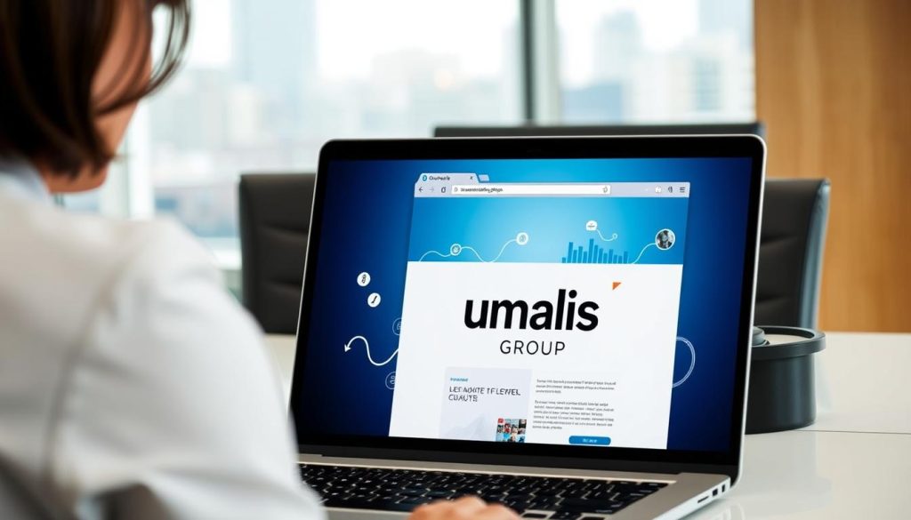 A sleek, modern office setting with a laptop displaying a web browser showcasing the Umalis Group brand name. In the foreground, a professional-looking person in a suit is browsing the screen, conveying the concept of inbound marketing and lead generation. The middle ground features stylized graphical elements, such as flowing data visualizations or infographic-style icons, highlighting the digital and analytical aspects of the salarial portage industry. The background has a subtle, blurred cityscape, suggesting a urban, business-oriented environment. The overall mood is one of efficiency, professionalism, and technological savvy, reflecting the "Inbound marketing pour attirer des clients sans démarchage direct" theme.