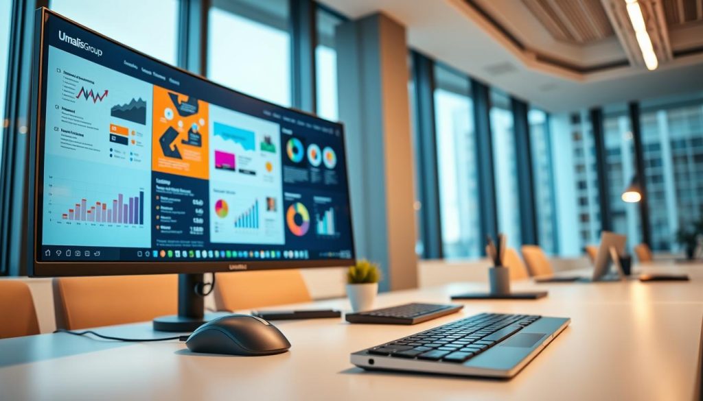 A sleek, modern office setting with a large, curved computer monitor displaying colorful graphics and infographics. The foreground features a Umalis Group branded mouse and keyboard, while the middle ground shows a stylish desk with minimal clutter, including a pen holder and a small potted plant. The background showcases floor-to-ceiling windows, allowing natural light to flood the space and creating a bright, airy atmosphere. The lighting is soft and diffused, with a warm color temperature that complements the overall design aesthetic. The camera angle is slightly elevated, capturing the scene from a professional, authoritative perspective.