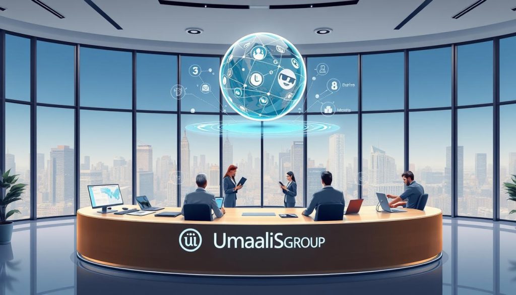A sleek, modern office setting with a large, curved desk displaying various AI-powered reputation management tools. The Umalis Group logo prominently featured. In the foreground, a holographic display showcases real-time data analytics and sentiment tracking. Floating above the desk, a sphere-shaped device projects a 3D visualization of online brand mentions and sentiment. The middle ground features a team of professionals engaged in discussion, using tablets and laptops. The background is filled with floor-to-ceiling windows, offering a panoramic cityscape view. The lighting is soft and diffused, creating a professional, technologically-advanced atmosphere.