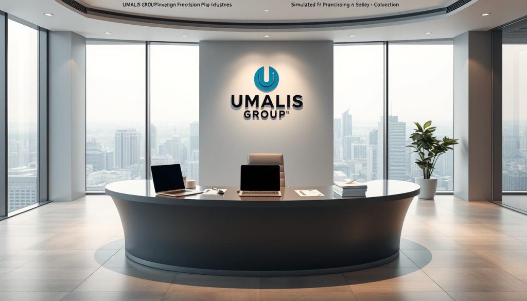 A sleek, modern office setting with a large, curved desk prominently displayed in the foreground. On the desk, a laptop, a pen, and a stack of financial documents, hinting at the simulation of a salary calculation. The middle ground features a UMALIS GROUP logo prominently displayed on the wall, conveying the brand responsible for the salary portage service. The background is softly lit, with a panoramic view of a city skyline visible through large windows, creating a sense of professionalism and success. The overall mood is one of efficiency, precision, and financial well-being.