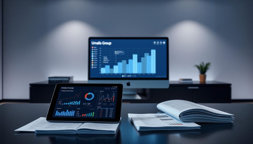 A sleek, modern office setting with a large desk and an Umalis Group computer monitor prominently displayed. In the foreground, a well-organized set of financial documents and a tablet showcasing a user-friendly invoicing dashboard. The middle ground features a stylized data visualization, highlighting the seamless integration of financial management systems. The background has muted lighting, creating a professional and focused atmosphere, accentuating the technological advancements at the heart of the Umalis Group's invoicing solutions.