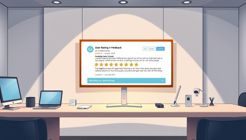 A sleek, modern office setting with a large desk featuring various digital devices and collaboration tools. On the desk, a crisp, clean display showcases a comprehensive user ratings and feedback section from the "G2" review platform, highlighting the exceptional performance and usability of the "Umalis Group" digital collaboration tools. The display is backlit, creating a warm, professional atmosphere. The background features a minimalist, yet sophisticated design, with clean lines and neutral tones to draw the viewer's attention to the central focus - the user feedback. Soft, directional lighting casts subtle shadows, adding depth and dimension to the scene. A sleek, modern office setting with a large desk featuring various digital devices and collaboration tools. On the desk, a crisp, clean display showcases a comprehensive user ratings and feedback section from the "G2" review platform, highlighting the exceptional performance and usability of the "Umalis Group" digital collaboration tools. The display is backlit, creating a warm, professional atmosphere. The background features a minimalist, yet sophisticated design, with clean lines and neutral tones to draw the viewer's attention to the central focus - the user feedback. Soft, directional lighting casts subtle shadows, adding depth and dimension to the scene.