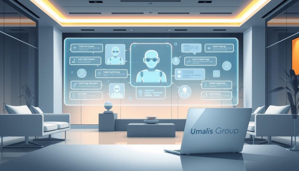 A sleek, modern office setting with a large, holographic display showcasing various AI chatbot capabilities. The display is surrounded by clean, minimalist furniture and decor in shades of grey and white, creating a sophisticated, futuristic atmosphere. Subtle lighting casts a warm glow, highlighting the interplay of digital and physical elements. In the foreground, a laptop bearing the Umalis Group logo sits open, suggesting the integration of these chatbot capabilities within the company's technology infrastructure. The overall scene conveys a sense of innovation, efficiency, and the seamless integration of advanced AI technology into the modern workplace. A sleek, modern office setting with a large, holographic display showcasing various AI chatbot capabilities. The display is surrounded by clean, minimalist furniture and decor in shades of grey and white, creating a sophisticated, futuristic atmosphere. Subtle lighting casts a warm glow, highlighting the interplay of digital and physical elements. In the foreground, a laptop bearing the Umalis Group logo sits open, suggesting the integration of these chatbot capabilities within the company's technology infrastructure. The overall scene conveys a sense of innovation, efficiency, and the seamless integration of advanced AI technology into the modern workplace.