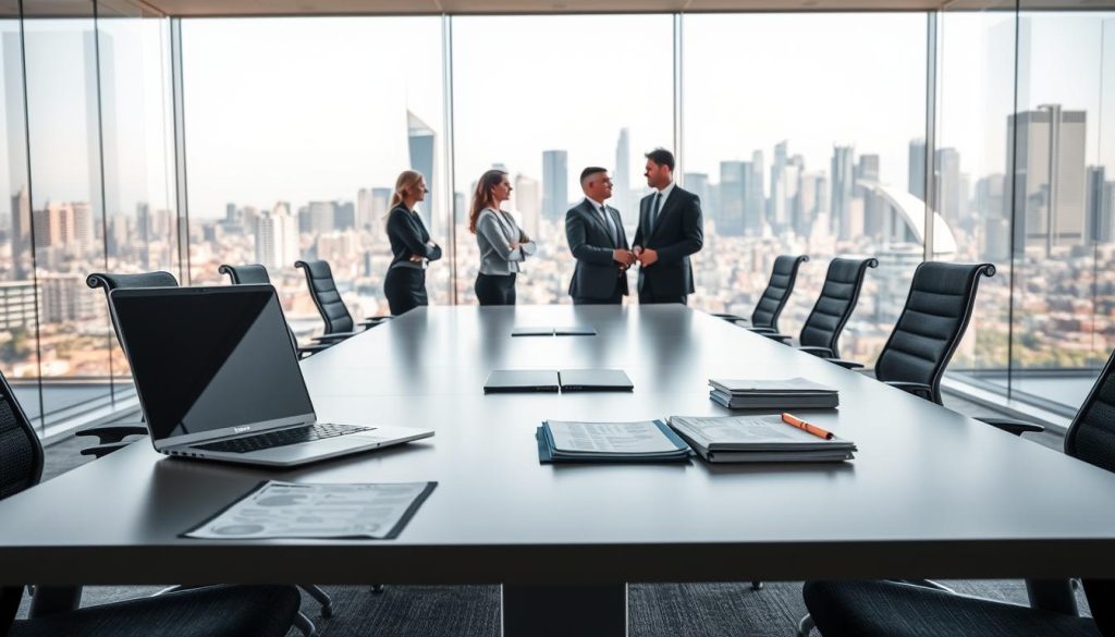 A sleek, modern office setting with a large table and ergonomic chairs. In the foreground, a laptop and some documents are neatly arranged, representing the administrative and financial aspects of "portage salarial." The middle ground features several professionals in business attire, engaged in discussion, symbolizing the collaborative nature of this employment model. The background showcases a panoramic view of a vibrant city skyline, hinting at the broader economic and social context. The lighting is soft and natural, creating a professional yet welcoming atmosphere. The overall composition conveys the efficiency, flexibility, and integration of "portage salarial" within the contemporary job market.