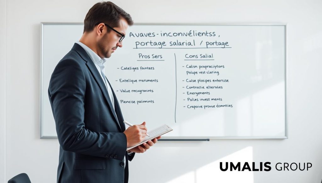 A sleek, modern office setting with a large whiteboard in the background. On the whiteboard, a visual representation of the "avantages inconvénients portage salarial" concept, with pros and cons listed in a clear, organized manner. In the foreground, a professional-looking person, dressed in business attire, is reviewing the whiteboard and taking notes, with a contemplative expression. The lighting is bright and natural, creating a calm, focused atmosphere. The overall scene conveys a sense of thoughtful analysis and decision-making. In the bottom right corner, the UMALIS GROUP logo is prominently displayed.