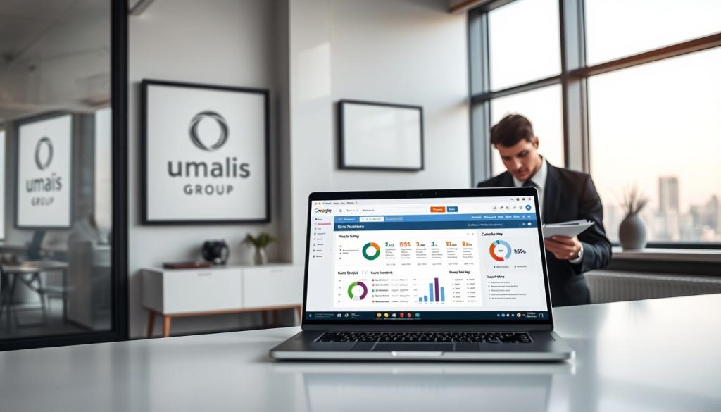 A sleek, modern office setting with a large window overlooking a cityscape. In the foreground, a laptop screen displays a dashboard for on-page SEO optimization, with various metrics and insights. In the middle ground, a professional-looking person, dressed in business attire, is intently studying the laptop screen, making notes on a pad of paper. The background features minimalist decor, including a framed Umalis Group logo on the wall, conveying a sense of expertise and authority in the field of search engine optimization. The overall mood is one of focused, data-driven analysis and optimization.