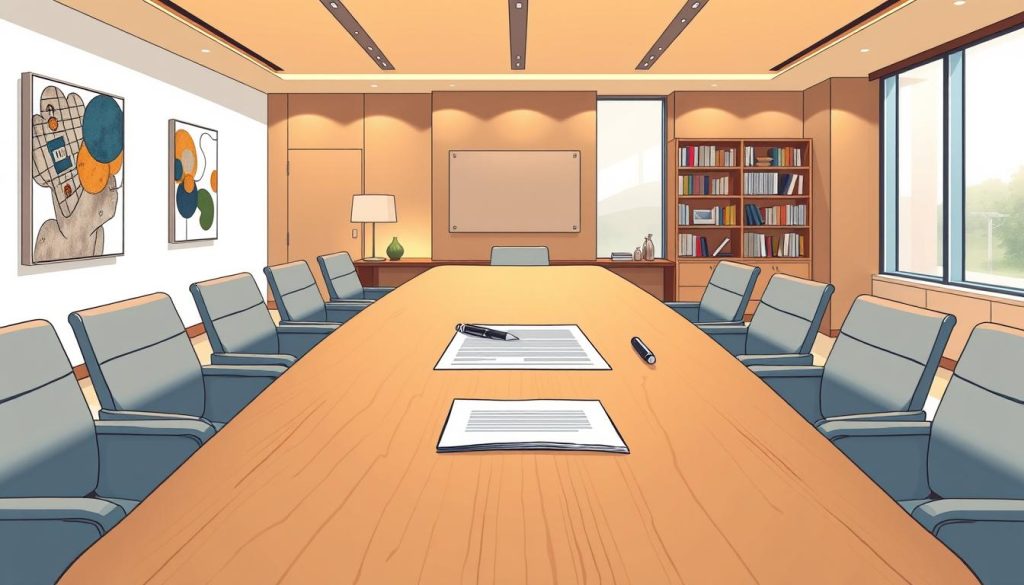 A sleek, modern office setting with a large, wooden conference table in the center. On the table, a neatly organized stack of documents and a pen, signifying a partnership agreement. The lighting is warm and inviting, with floor-to-ceiling windows illuminating the space. On the walls, abstract artworks and minimalist decor create a professional yet collaborative atmosphere. In the background, a bookshelf filled with legal and business resources, hinting at the thorough planning and attention to detail that goes into establishing a successful partnership structure.