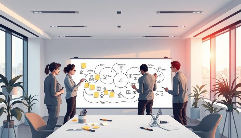 A sleek, modern office setting with a minimalist aesthetic. In the foreground, a group of professionals engaged in a collaborative design thinking session, sketching ideas on a large whiteboard, surrounded by post-it notes and markers. The middle ground features a stylized visualization of the design thinking process, represented by flowing lines, geometric shapes, and icons depicting the stages of empathize, define, ideate, prototype, and test. In the background, large windows provide natural lighting, casting a warm glow over the scene and creating a sense of openness and innovation. The overall mood is one of focused creativity, problem-solving, and a human-centered approach to driving business growth.
