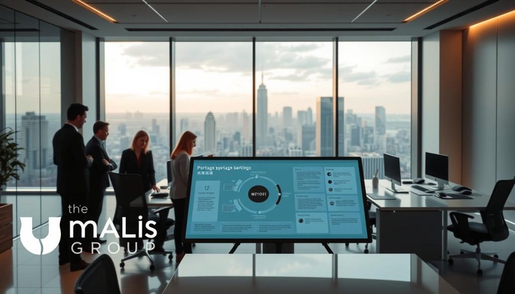 A sleek, modern office setting with a minimalist aesthetic. In the foreground, a team of professionals engaged in a collaborative workflow, gathered around a large touchscreen display showcasing a detailed process diagram labeled "专业流程管理". The middle ground features ergonomic workstations and integrated digital tools, creating an efficient, technology-driven environment. In the background, floor-to-ceiling windows offer a panoramic view of a bustling city skyline, conveying a sense of professionalism and global connectivity. Warm, directional lighting casts a subtle glow, enhancing the polished, sophisticated atmosphere. The Umalis Group logo is discreetly displayed in the corner, underscoring the brand's expertise in "Portage Salarial" and professional support services.