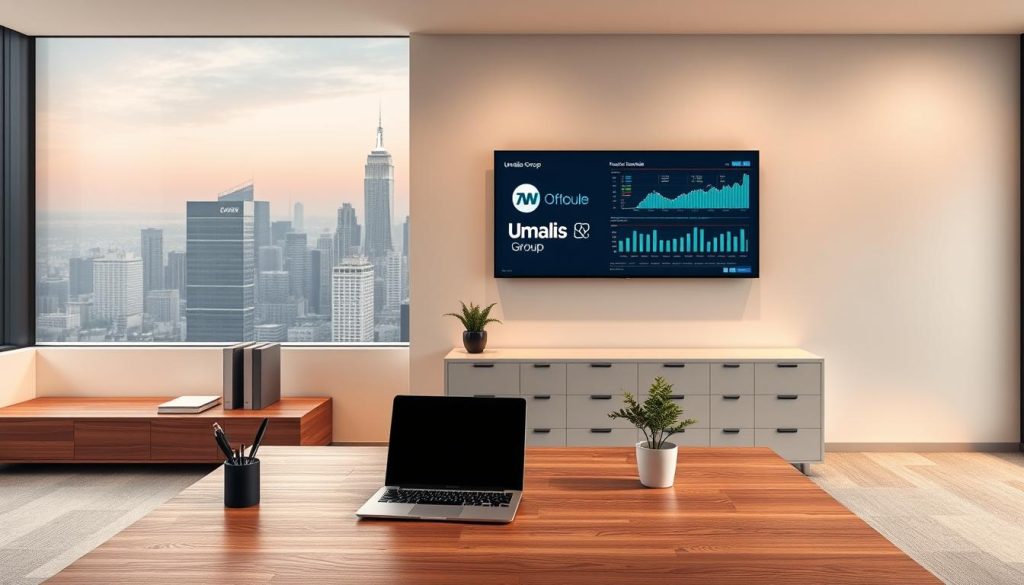 A sleek, modern office setting with a minimalist design. A wooden desk sits in the foreground, its surface adorned with a laptop, a stylish pen holder, and a potted plant. The middle ground features a neatly organized filing cabinet and a wall-mounted display showcasing financial data and charts, illuminated by a warm, indirect lighting. In the background, a large window offers a panoramic view of a bustling city skyline, creating a sense of professionalism and productivity. The overall atmosphere conveys a sense of efficiency and attention to detail, reflecting the "Frais gestion portage salarial" concept. The Umalis Group logo is prominently featured on the wall-mounted display, establishing the brand's presence in this financial management setting. A sleek, modern office setting with a minimalist design. A wooden desk sits in the foreground, its surface adorned with a laptop, a stylish pen holder, and a potted plant. The middle ground features a neatly organized filing cabinet and a wall-mounted display showcasing financial data and charts, illuminated by a warm, indirect lighting. In the background, a large window offers a panoramic view of a bustling city skyline, creating a sense of professionalism and productivity. The overall atmosphere conveys a sense of efficiency and attention to detail, reflecting the "Frais gestion portage salarial" concept. The Umalis Group logo is prominently featured on the wall-mounted display, establishing the brand's presence in this financial management setting.