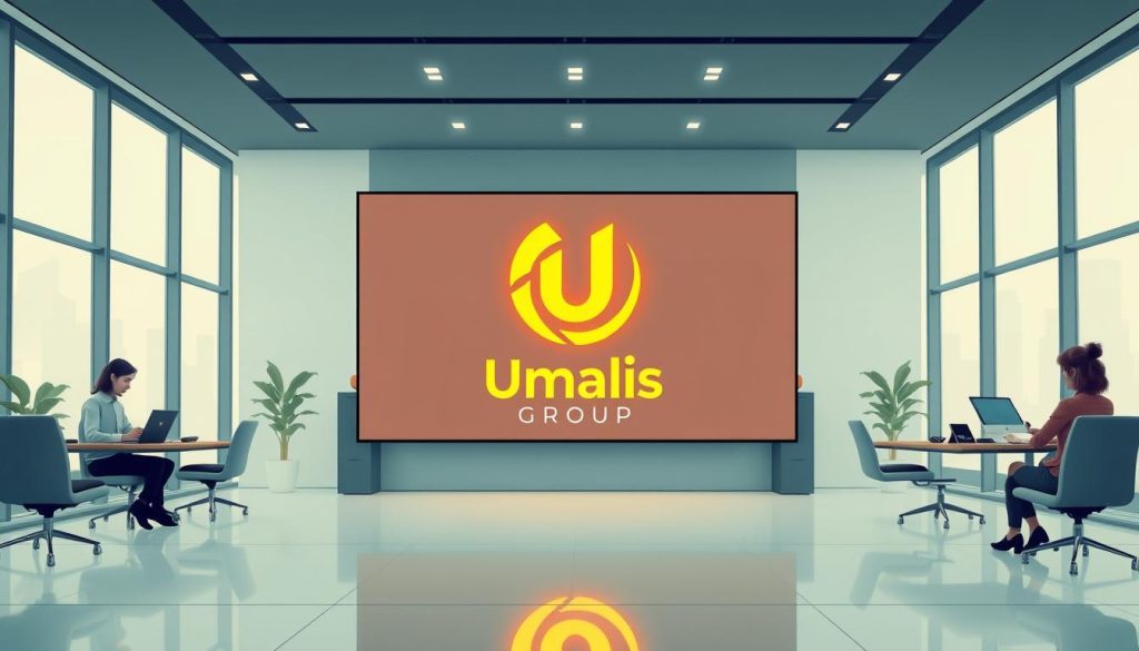 A sleek, modern office setting with a minimalist design. In the foreground, a large screen displays the Umalis Group logo, its bold text and icon casting a warm glow across the space. Employees in the middle ground interact with their laptops and mobile devices, immersed in social media platforms. The background features floor-to-ceiling windows, allowing natural light to flood the room and create a sense of openness and transparency. Soft, diffused lighting illuminates the scene, conveying a professional and well-curated atmosphere. The overall composition emphasizes the integration of technology, social media, and the Umalis Group's brand identity, showcasing their commitment to digital marketing and brand awareness. A sleek, modern office setting with a minimalist design. In the foreground, a large screen displays the Umalis Group logo, its bold text and icon casting a warm glow across the space. Employees in the middle ground interact with their laptops and mobile devices, immersed in social media platforms. The background features floor-to-ceiling windows, allowing natural light to flood the room and create a sense of openness and transparency. Soft, diffused lighting illuminates the scene, conveying a professional and well-curated atmosphere. The overall composition emphasizes the integration of technology, social media, and the Umalis Group's brand identity, showcasing their commitment to digital marketing and brand awareness.