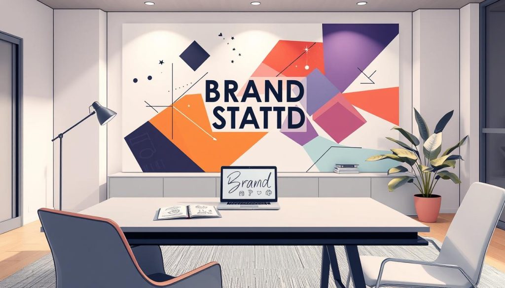 A sleek, modern office setting with a minimalist desk and stylish furniture. On the desk, a laptop and a sketchpad with hand-drawn brand logos and icons, symbolizing the creative process of "brand storytelling strategies". Soft, diffused lighting illuminates the scene, creating a warm, inviting atmosphere. In the background, a large, abstract mural featuring geometric shapes and vibrant colors, representing the visual identity and messaging of a strong brand. The overall composition conveys a sense of creativity, innovation, and the thoughtful development of a unique brand identity.