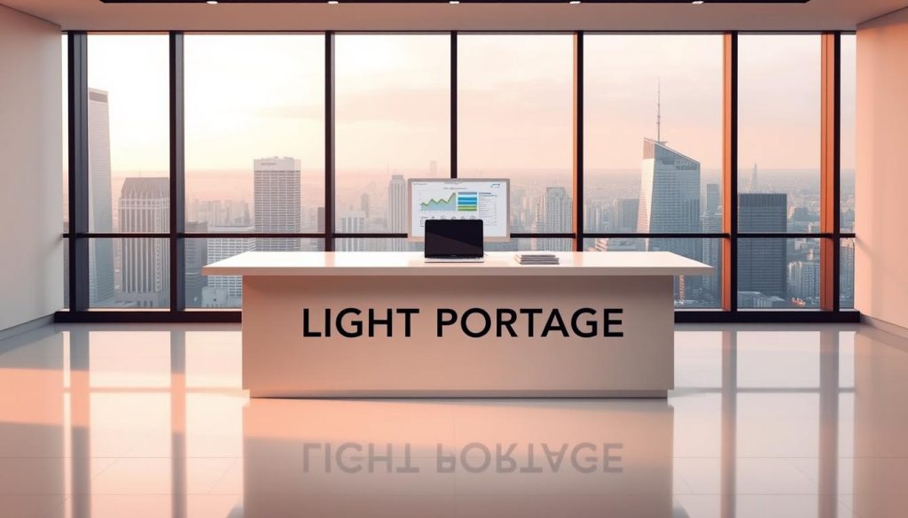 A sleek, modern office setting with a minimalist, professional atmosphere. The centerpiece is a large, gleaming desk featuring the prominent LIGHT PORTAGE brand name. Behind the desk, a floor-to-ceiling window offers a view of a bustling city skyline, bathed in warm, diffused lighting. On the desk, a laptop, a neatly organized stack of papers, and a stylized graphic display depicting the activity tracking and reporting features of the LIGHT PORTAGE portage salarial system. The overall scene conveys a sense of efficiency, reliability, and attention to detail - key attributes of a well-run portage salarial enterprise.