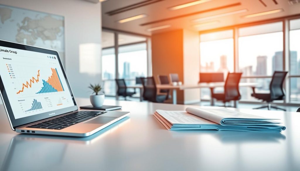 A sleek, modern office setting with a neatly organized desk showcasing financial documents and a laptop displaying analytics. In the foreground, a crisp Umalis Group logo casts a subtle glow, highlighting the professionalism and attention to detail. The middle ground features a well-lit workspace with ergonomic office chairs and a minimalist decor, conveying an atmosphere of efficiency and optimization. The background depicts a panoramic city skyline, suggesting the broader business landscape and the Umalis Group's role in navigating the complexities of portage salarial. Warm, directional lighting accentuates the clean lines and surfaces, creating a sense of balance and control over the financial management processes.