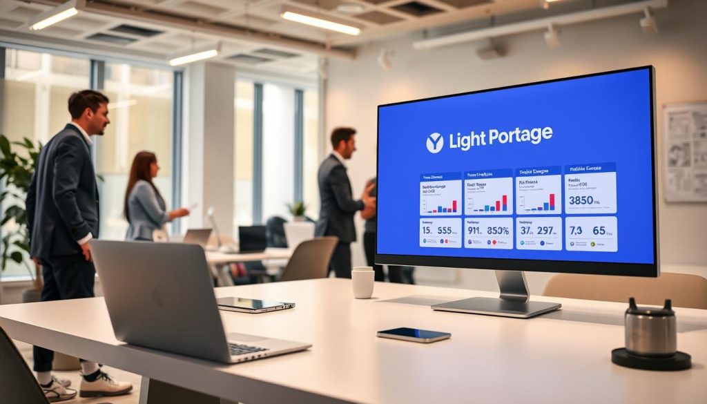 A sleek, modern office setting with a prominent "Light Portage" branded referral management platform displayed on a large computer monitor. The foreground features a stylish, minimalist desk with a high-end laptop, a tablet, and a smart office accessory. The middle ground showcases a team of professionals collaborating around the platform, discussing metrics and engagement strategies. The background depicts a bright, airy workspace with floor-to-ceiling windows, warm lighting, and a subtle organizational chart on the wall. The overall atmosphere conveys efficiency, productivity, and a focus on optimizing referral programs.