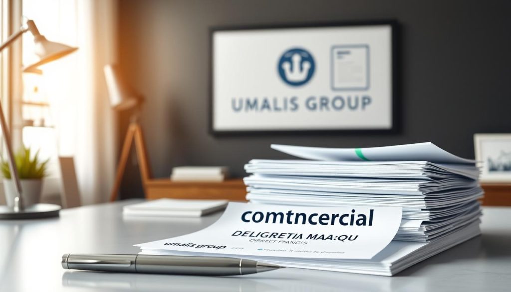 A sleek, modern office setting with a prominent desk showcasing a neatly organized stack of legal documents, the words "contrat commercial définition droit français" prominently displayed. In the foreground, a pen and a stylish desk lamp provide a sense of professionalism. The middle ground features a large, framed Umalis Group logo, lending an air of authority and expertise. The background is softly blurred, highlighting the focus on the contractual elements. The overall tone is one of precision, authority, and a commitment to understanding French commercial law.