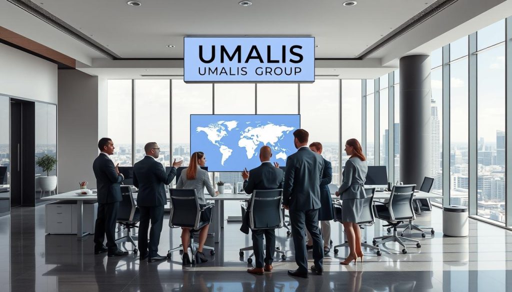A sleek, modern office setting with a prominent sign displaying the "UMALIS GROUP" brand name. In the foreground, a group of professionals in business attire are engaged in a collaborative discussion, gesturing towards an international map on a large screen. The middle ground features ergonomic workstations and a minimalist decor, creating a professional and productive atmosphere. The background showcases floor-to-ceiling windows, allowing natural light to flood the space and providing a panoramic view of a bustling city skyline, conveying a sense of global connectivity. The overall scene exudes a feeling of confidence, expertise, and a commitment to international talent management through the UMALIS GROUP's salarial portage services.