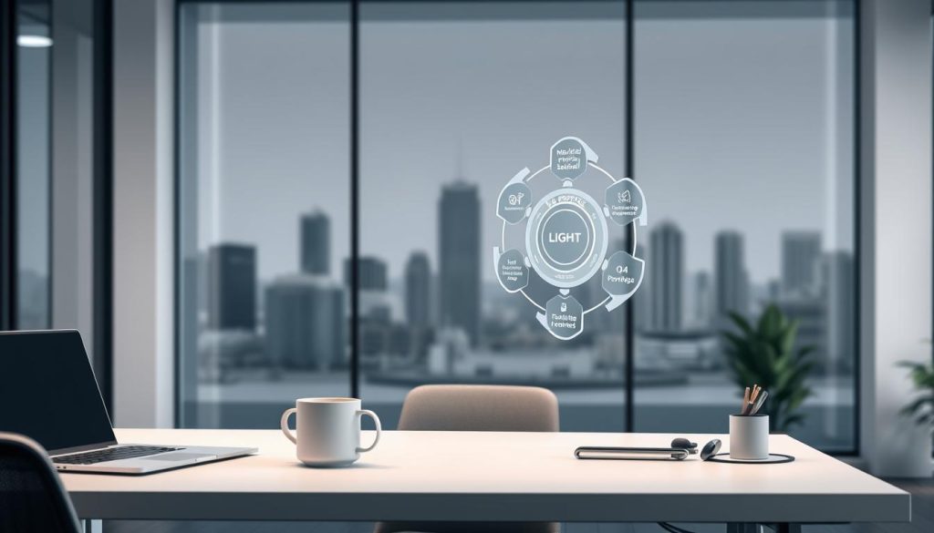A sleek, modern office setting with a stylized illustration of the "LIGHT PORTAGE" employee portability service. The foreground features a clean, minimalist desk with a laptop, coffee mug, and a few simple office supplies. The middle ground showcases a visually striking, three-dimensional "mécanisme portage salarial" diagram, highlighting the core components and functionality of the service. The background presents a subtle, blurred cityscape, conveying a sense of professional dynamism and opportunity. The overall composition exudes a sophisticated, technology-driven aesthetic that aligns with the article's subject of "Portage Salarial et Entrepreneuriat : Sécurité et Liberté pour Vous" and the section's title "Découverte du Portage Salarial".