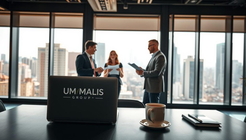A sleek, modern office setting with a team of business professionals collaborating. In the foreground, a desk with a laptop, coffee mug, and the UMALIS GROUP logo prominently displayed. In the middle ground, three individuals in smart casual attire discussing documents and gesturing animatedly. The background features large windows overlooking a bustling city skyline, bathed in warm, natural lighting. An atmosphere of security, flexibility, and professional autonomy pervades the scene.
