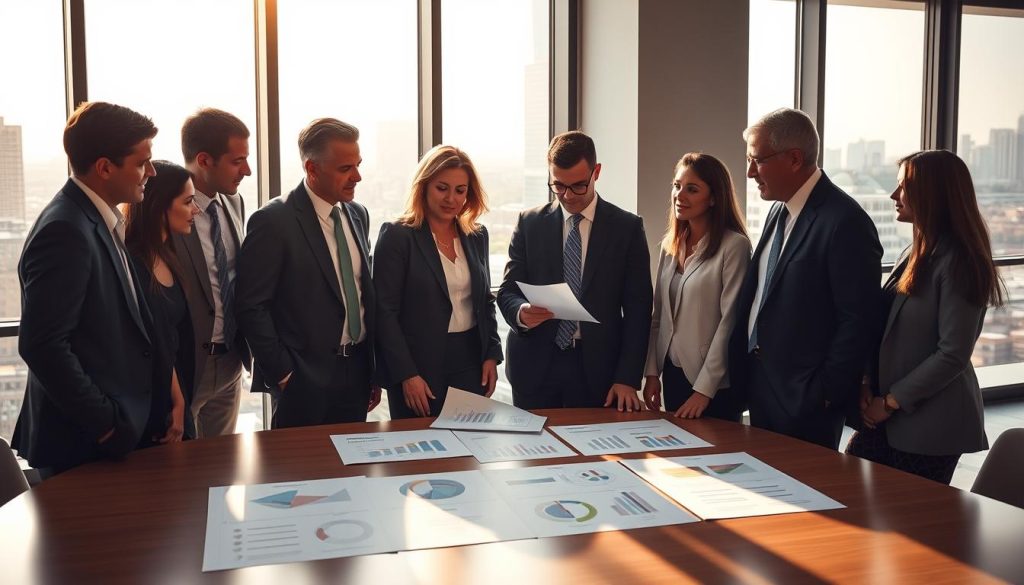 A sleek, modern office setting with a team of professionals discussing the intricacies of UMALIS GROUP's salarial portage system. The scene is bathed in warm, natural light filtering through large windows, conveying a sense of productivity and collaboration. In the foreground, a group of well-dressed individuals gather around a conference table, their expressions focused as they review documents and charts illustrating the key aspects of the salarial portage process. The middle ground features a minimalist, yet stylish interior design, with clean lines and muted tones that complement the professional atmosphere. In the background, a cityscape is visible through the windows, hinting at the broader context in which this salarial portage system operates. The overall mood is one of efficiency, expertise, and a commitment to guiding independent professionals through the complexities of retirement planning.