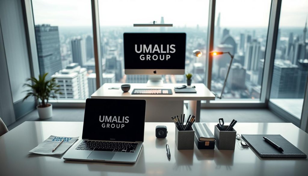 A sleek, modern office setting with a well-designed workstation showcasing the "UMALIS GROUP" brand. In the foreground, a laptop, tablet, and various office supplies are neatly arranged, hinting at the flexibility and efficiency of the "portage salarial" system. The middle ground features a stylish desk with clean lines and a minimalist aesthetic, accentuated by a sophisticated lighting setup casting warm, focused illumination. In the background, a large window overlooks a bustling cityscape, symbolizing the professional opportunities and secure career path offered by the "portage salarial" model. The overall atmosphere exudes a sense of productivity, innovation, and confidence, reflecting the empowering nature of the "portage salarial" concept.