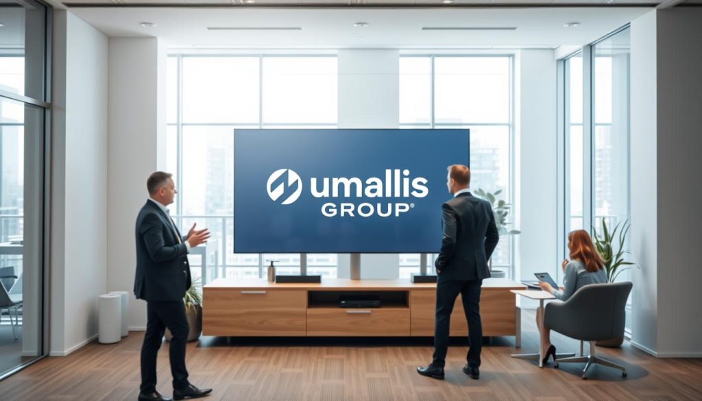 A sleek, modern office setting with a well-dressed professional in the foreground, engaged in a lively discussion. The middle ground features an Umalis Group logo prominently displayed on a large screen, conveying the company's role in the "portage salarial" concept. The background showcases an airy, minimalist workspace with ample natural lighting, reflecting the autonomy and flexibility associated with this employment model. The overall atmosphere exudes a sense of professionalism, innovation, and empowerment.
