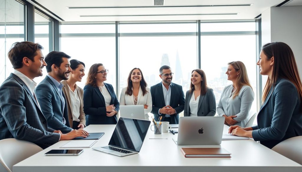 A sleek, modern office setting with abundant natural light and clean lines. In the foreground, a group of professionals engaged in a collaborative meeting, their faces bright with enthusiasm as they discuss the benefits of "portage salarial" - the Umalis Group's comprehensive employment solution for freelancers in France. The middle ground features a minimalist desk arrangement, with a laptop, tablet, and carefully curated office supplies, all emblematic of the efficiency and professionalism associated with the Umalis Group. In the background, a large window overlooking a bustling city skyline, conveying a sense of opportunity and progress. The overall atmosphere is one of productivity, innovation, and the empowerment of independent workers.
